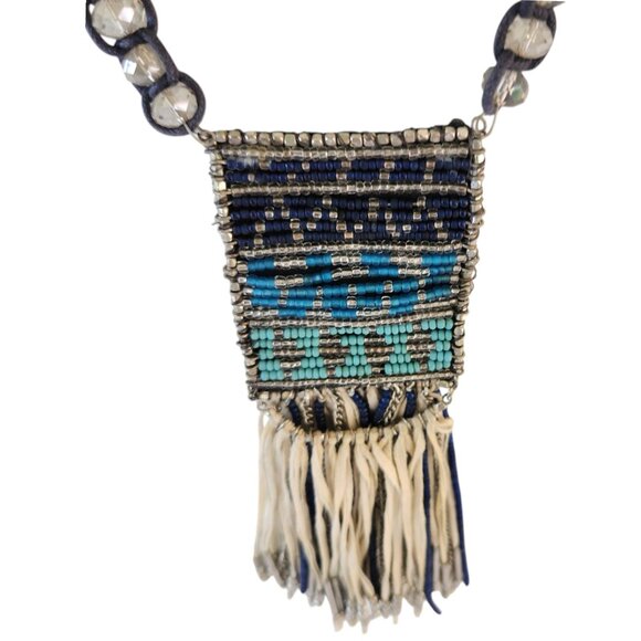 Chico's Boho Beaded Necklace Tassel Pendant Ethnic Wood Acrylic Cream Blue Green - Picture 4 of 11